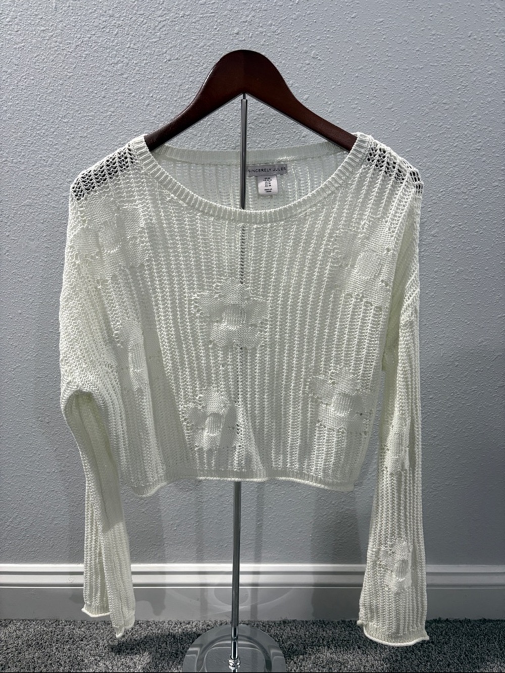 Sincerely Jules White Open-Knit Floral Cropped Sweater